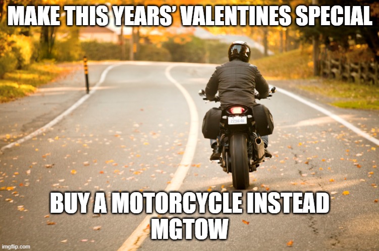 Make this years' Valentines Special | MAKE THIS YEARS’ VALENTINES SPECIAL; BUY A MOTORCYCLE INSTEAD
MGTOW | image tagged in motorcycle | made w/ Imgflip meme maker