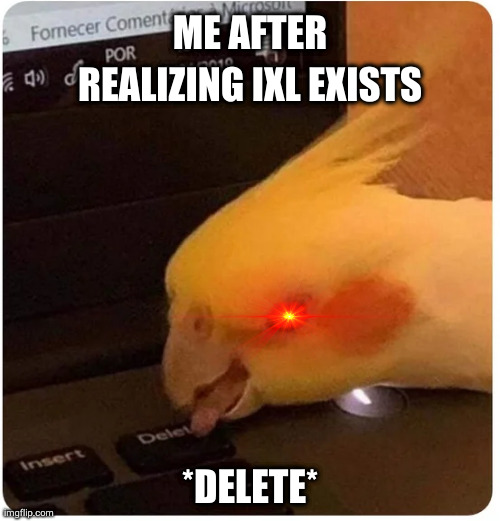hope ixl dies in a fire | ME AFTER REALIZING IXL EXISTS; *DELETE* | image tagged in cockatiel delete button,fire,ixl | made w/ Imgflip meme maker