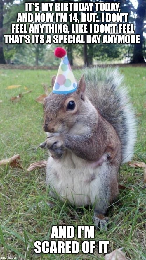 Now I'm 14 | IT'S MY BIRTHDAY TODAY, AND NOW I'M 14, BUT.. I DON'T FEEL ANYTHING, LIKE I DON'T FEEL THAT'S ITS A SPECIAL DAY ANYMORE; AND I'M SCARED OF IT | image tagged in memes,super birthday squirrel | made w/ Imgflip meme maker