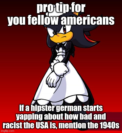 Maid Shadow | pro tip for you fellow americans; if a hipster german starts yapping about how bad and racist the USA is, mention the 1940s | image tagged in maid shadow | made w/ Imgflip meme maker