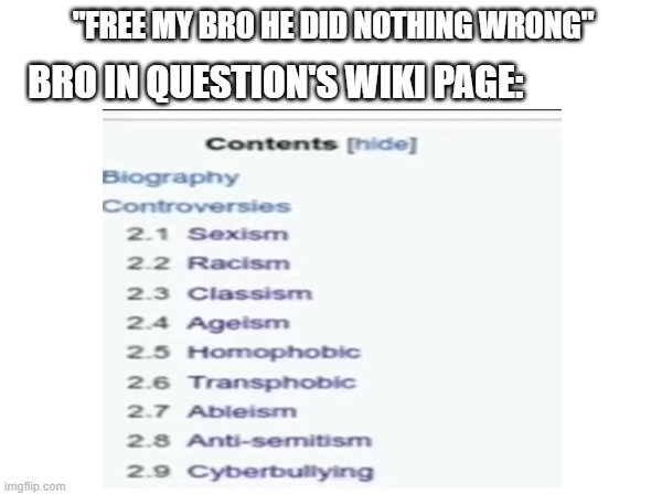 Free Bro | BRO IN QUESTION'S WIKI PAGE:; "FREE MY BRO HE DID NOTHING WRONG" | image tagged in bro,free,allphobic | made w/ Imgflip meme maker