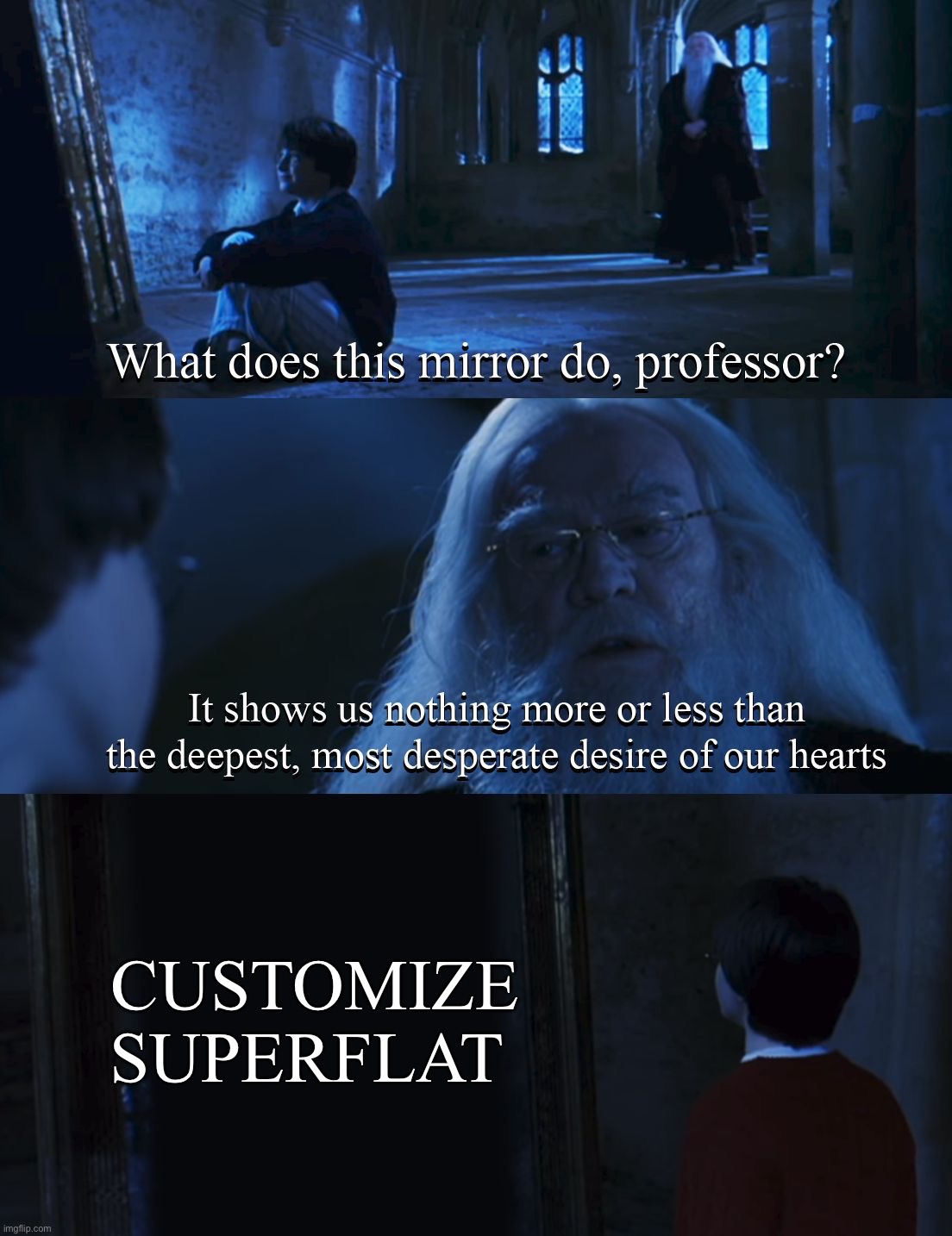 Why isn’t this in Minecraft anymore? | CUSTOMIZE SUPERFLAT | image tagged in harry potter mirror,minecraft | made w/ Imgflip meme maker