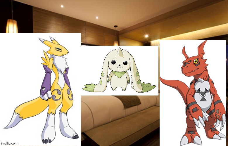 Guilmon,Terriermon and Renamon having fun in their hotel room | image tagged in hotel room,digimon | made w/ Imgflip meme maker