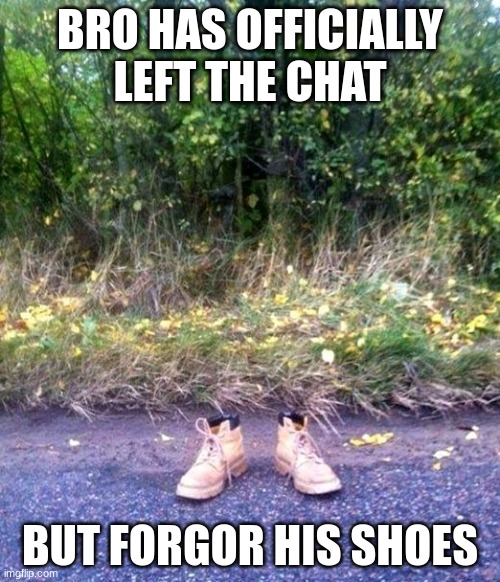 chat | BRO HAS OFFICIALLY LEFT THE CHAT; BUT FORGOR HIS SHOES | image tagged in camo | made w/ Imgflip meme maker