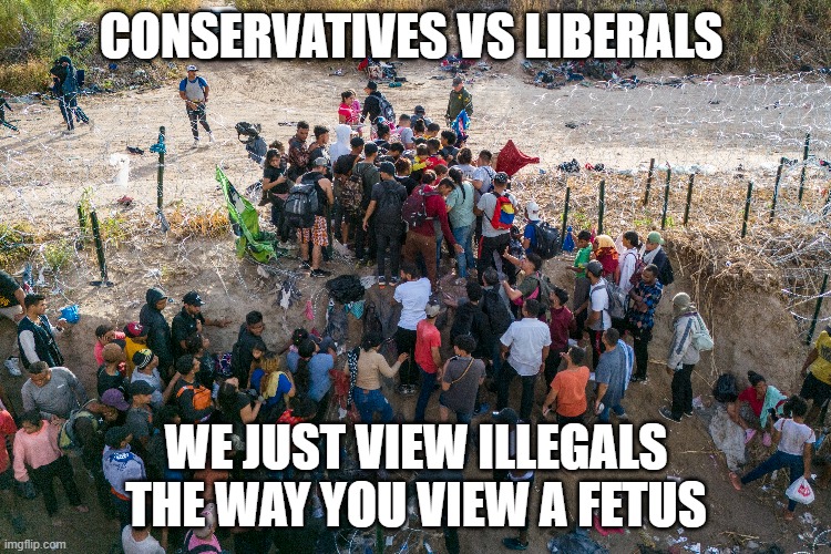 Illegal Fetus | CONSERVATIVES VS LIBERALS; WE JUST VIEW ILLEGALS THE WAY YOU VIEW A FETUS | image tagged in abortion,illegal immigration,illegals,fetus,immigration,secure the border | made w/ Imgflip meme maker