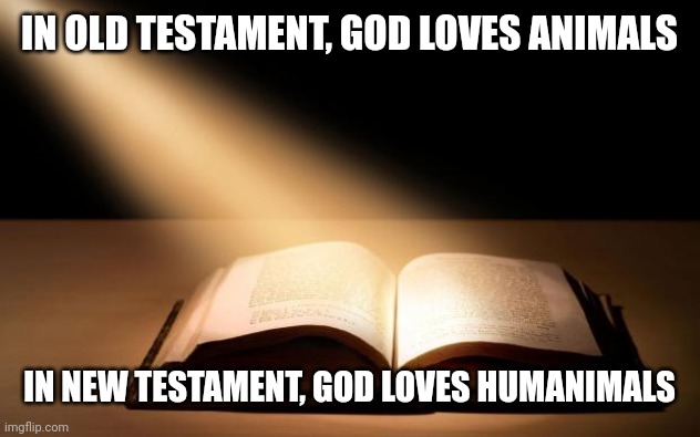 Bible | IN OLD TESTAMENT, GOD LOVES ANIMALS; IN NEW TESTAMENT, GOD LOVES HUMANIMALS | image tagged in bible | made w/ Imgflip meme maker