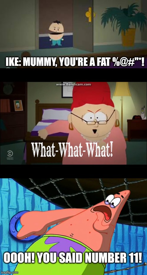 Patrick's reaction to Ike who swears at his adopted mum Sheila | IKE: MUMMY, YOU'RE A FAT %@#"*! OOOH! YOU SAID NUMBER 11! | image tagged in you said number 11 | made w/ Imgflip meme maker