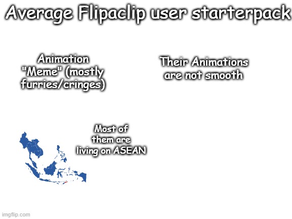 Average Flipaclip user | Average Flipaclip user starterpack; Animation "Meme" (mostly furries/cringes); Their Animations are not smooth; Most of them are living on ASEAN | image tagged in blank white template,fun | made w/ Imgflip meme maker
