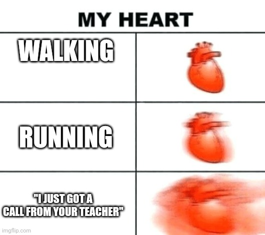 Heart rate | WALKING; RUNNING; "I JUST GOT A CALL FROM YOUR TEACHER" | image tagged in heart rate | made w/ Imgflip meme maker