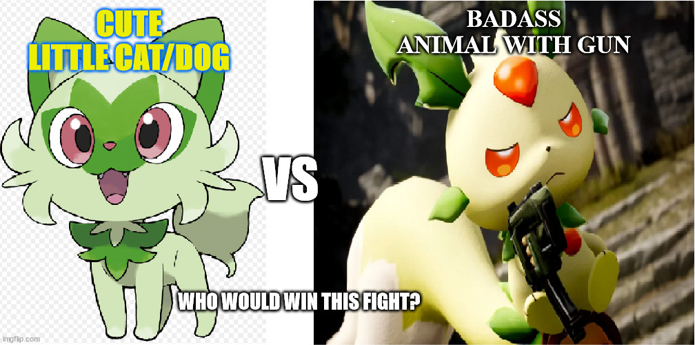 Who would win this fight??? | CUTE LITTLE CAT/DOG; BADASS ANIMAL WITH GUN; VS; WHO WOULD WIN THIS FIGHT? | image tagged in fun,funny | made w/ Imgflip meme maker