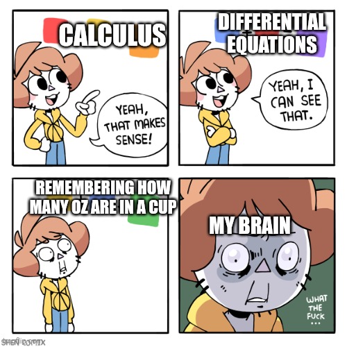 Yeah That Makes Sense | DIFFERENTIAL EQUATIONS; CALCULUS; REMEMBERING HOW MANY OZ ARE IN A CUP; MY BRAIN | image tagged in yeah that makes sense | made w/ Imgflip meme maker