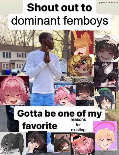 Shout out to dominant femboys | @PandaFemboy; dominant femboys; reasons
for
existing | image tagged in shout out to my favorite,nsfw,femboy,domination,dom | made w/ Imgflip meme maker