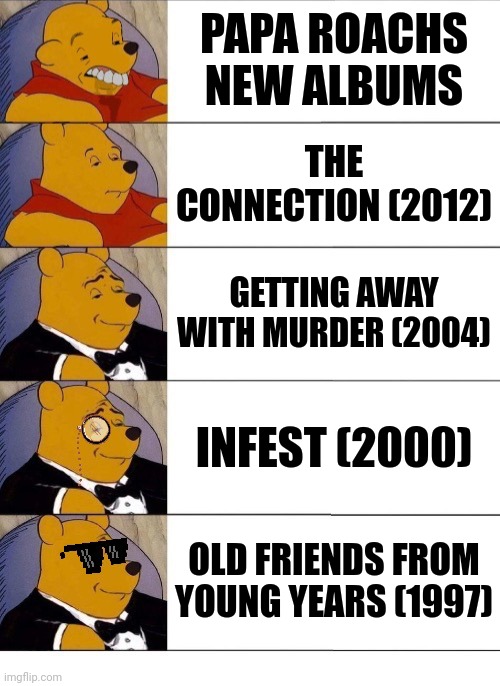 My opinion | PAPA ROACHS NEW ALBUMS; THE CONNECTION (2012); GETTING AWAY WITH MURDER (2004); INFEST (2000); OLD FRIENDS FROM YOUNG YEARS (1997) | image tagged in winnie the pooh v 20 | made w/ Imgflip meme maker