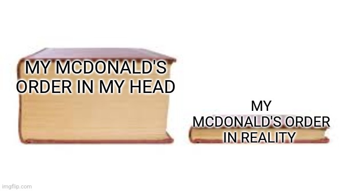 McDonald's order in reality | MY MCDONALD'S ORDER IN MY HEAD; MY MCDONALD'S ORDER IN REALITY | image tagged in big book small book,jpfan102504,food memes | made w/ Imgflip meme maker