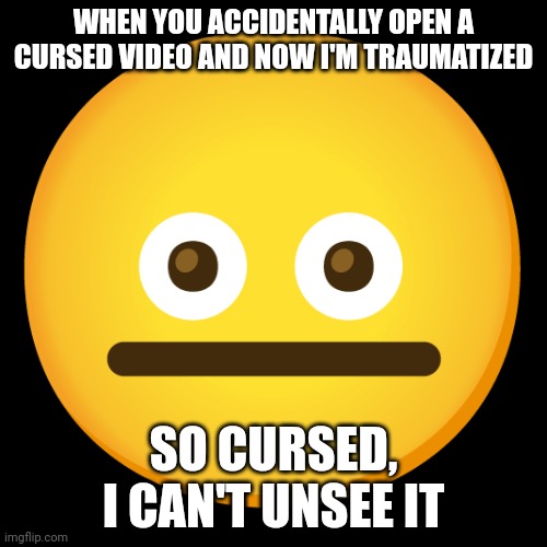 normal serious face | WHEN YOU ACCIDENTALLY OPEN A CURSED VIDEO AND NOW I'M TRAUMATIZED SO CURSED, I CAN'T UNSEE IT | image tagged in normal serious face | made w/ Imgflip meme maker