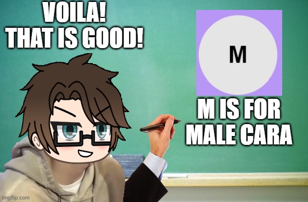 Male Cara never uses his right hand while writing... He's left-handed. | VOILA! THAT IS GOOD! M IS FOR MALE CARA | image tagged in pop up school 2,pus2,x is for x,male cara,left handed | made w/ Imgflip meme maker