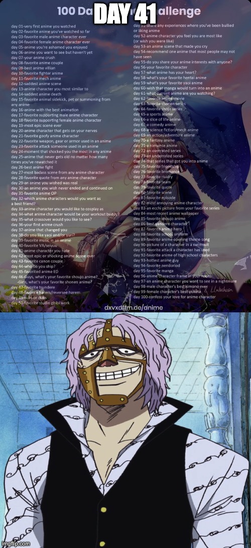 Day 41: Spandam (One Piece) | DAY 41 | image tagged in 100 day anime challenge | made w/ Imgflip meme maker