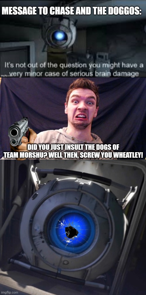 Jacksepticeye kills Wheatley | DID YOU JUST INSULT THE DOGS OF TEAM MORSHU? WELL THEN, SCREW YOU WHEATLEY! | image tagged in jacksepticeye,wheatley | made w/ Imgflip meme maker
