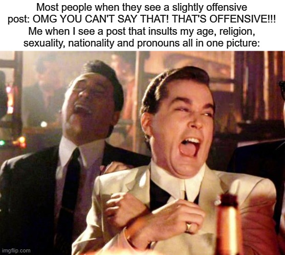 It do be like that tho | Most people when they see a slightly offensive post: OMG YOU CAN'T SAY THAT! THAT'S OFFENSIVE!!!
Me when I see a post that insults my age, religion, sexuality, nationality and pronouns all in one picture: | image tagged in goodfellas laugh,lol,relatable | made w/ Imgflip meme maker