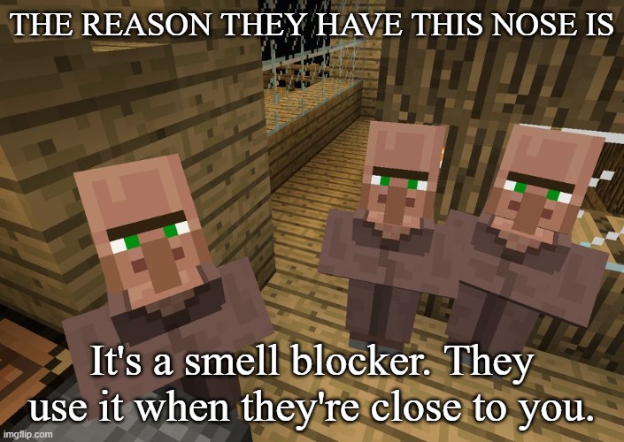 Just joking. Or am I? | THE REASON THEY HAVE THIS NOSE IS; It's a smell blocker. They use it when they're close to you. | image tagged in minecraft villagers | made w/ Imgflip meme maker
