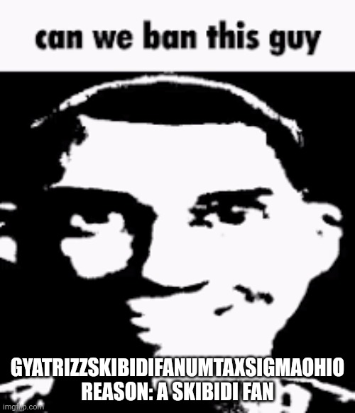 Can we ban this guy | GYATRIZZSKIBIDIFANUMTAXSIGMAOHIO
REASON: A SKIBIDI FAN | image tagged in can we ban this guy | made w/ Imgflip meme maker