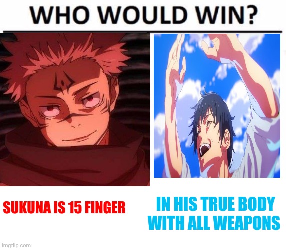 Anime battle part 4 | SUKUNA IS 15 FINGER; IN HIS TRUE BODY WITH ALL WEAPONS | image tagged in memes,who would win,mr-binod,front page plz,anime | made w/ Imgflip meme maker