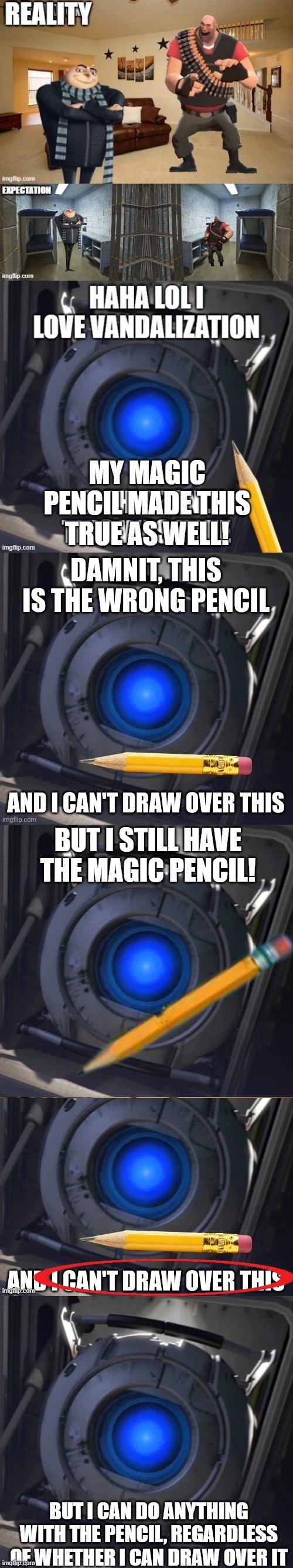 You can't underestimate The Pencil | BUT I CAN DO ANYTHING WITH THE PENCIL, REGARDLESS OF WHETHER I CAN DRAW OVER IT | image tagged in wheatley | made w/ Imgflip meme maker