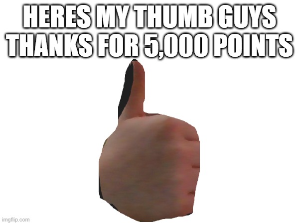 Thumb reveal 5,000 points | HERES MY THUMB GUYS THANKS FOR 5,000 POINTS | image tagged in reveal,thumbs up | made w/ Imgflip meme maker