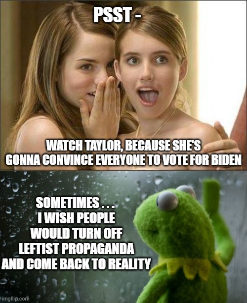 Soros Bought Taylor's Music Rights in 2019 | PSST -; SOMETIMES . . . 
I WISH PEOPLE
 WOULD TURN OFF 
LEFTIST PROPAGANDA

AND COME BACK TO REALITY; WATCH TAYLOR, BECAUSE SHE'S GONNA CONVINCE EVERYONE TO VOTE FOR BIDEN | image tagged in girls gossiping,kermit window,leftists,liberals,biden | made w/ Imgflip meme maker