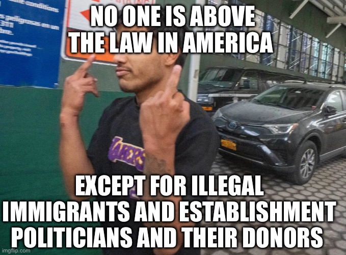 No one is above the law. | NO ONE IS ABOVE THE LAW IN AMERICA; EXCEPT FOR ILLEGAL IMMIGRANTS AND ESTABLISHMENT POLITICIANS AND THEIR DONORS | image tagged in illegal immigration,politics,political meme,joe biden,donald trump,democrats | made w/ Imgflip meme maker