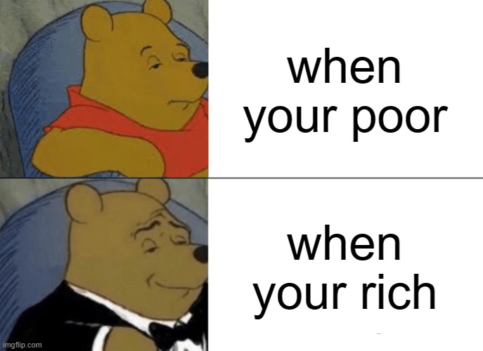 Tuxedo Winnie The Pooh | when your poor; when your rich | image tagged in memes,tuxedo winnie the pooh | made w/ Imgflip meme maker