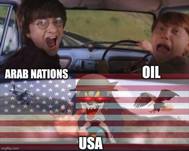 PANIK | OIL; ARAB NATIONS; USA | image tagged in tom chasing harry and ron weasly,usa,oil,american | made w/ Imgflip meme maker