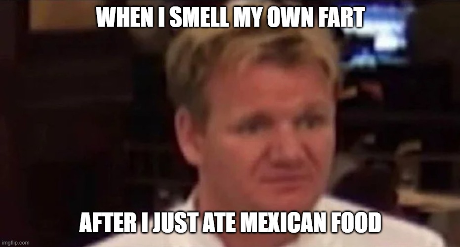 Gah | WHEN I SMELL MY OWN FART; AFTER I JUST ATE MEXICAN FOOD | image tagged in disgusted gordon ramsay | made w/ Imgflip meme maker