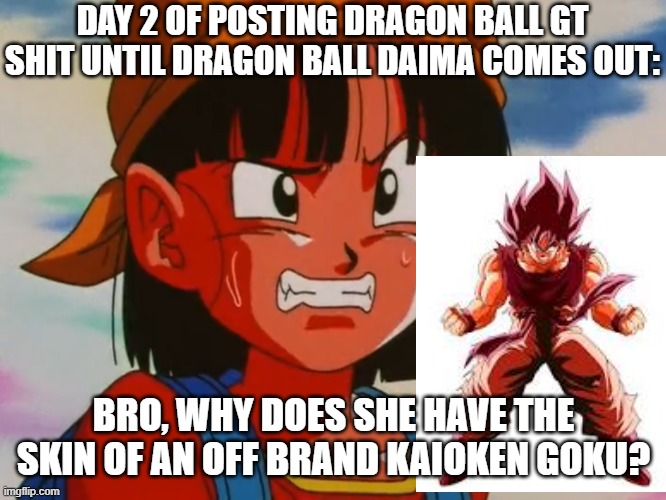 Rip off Kaioken skin | DAY 2 OF POSTING DRAGON BALL GT SHIT UNTIL DRAGON BALL DAIMA COMES OUT:; BRO, WHY DOES SHE HAVE THE SKIN OF AN OFF BRAND KAIOKEN GOKU? | image tagged in embarrassed pan template | made w/ Imgflip meme maker