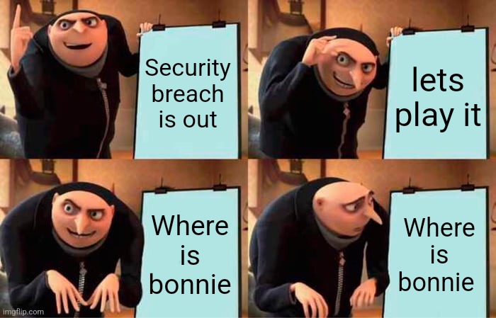Ah, yes. | Security breach is out; lets play it; Where is bonnie; Where is bonnie | image tagged in memes,gru's plan,fnaf | made w/ Imgflip meme maker