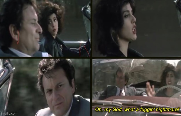 My cousin Vinny | Oh, my God, what a fuggin' nightmare! | image tagged in marissa tomei,my cousin vinny,nightmare | made w/ Imgflip meme maker