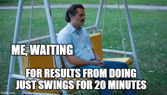 Waiting for results | ME, WAITING; FOR RESULTS FROM DOING JUST SWINGS FOR 20 MINUTES | image tagged in waitin for something | made w/ Imgflip meme maker