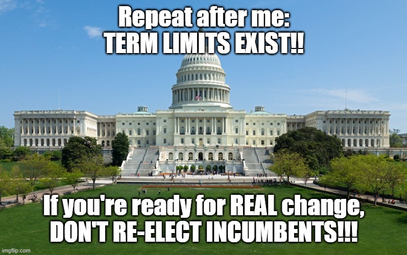 Term Limits | Repeat after me:
TERM LIMITS EXIST!! If you're ready for REAL change,
DON'T RE-ELECT INCUMBENTS!!! | image tagged in capitol hill,term,limits,exist | made w/ Imgflip meme maker