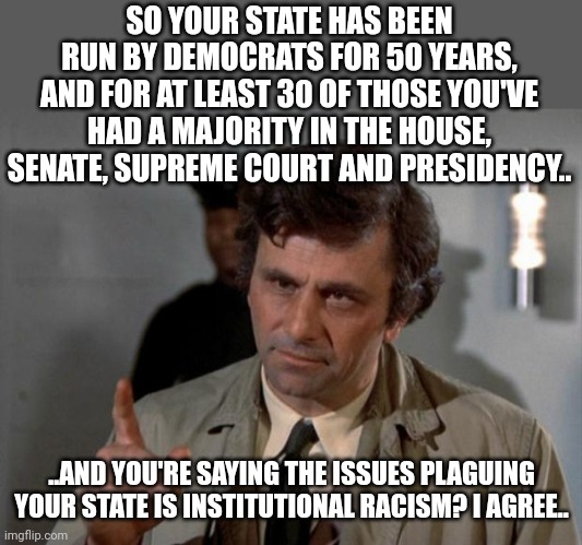 Columbo | SO YOUR STATE HAS BEEN RUN BY DEMOCRATS FOR 50 YEARS, AND FOR AT LEAST 30 OF THOSE YOU'VE HAD A MAJORITY IN THE HOUSE, SENATE, SUPREME COURT AND PRESIDENCY.. ..AND YOU'RE SAYING THE ISSUES PLAGUING YOUR STATE IS INSTITUTIONAL RACISM? I AGREE.. | image tagged in columbo | made w/ Imgflip meme maker