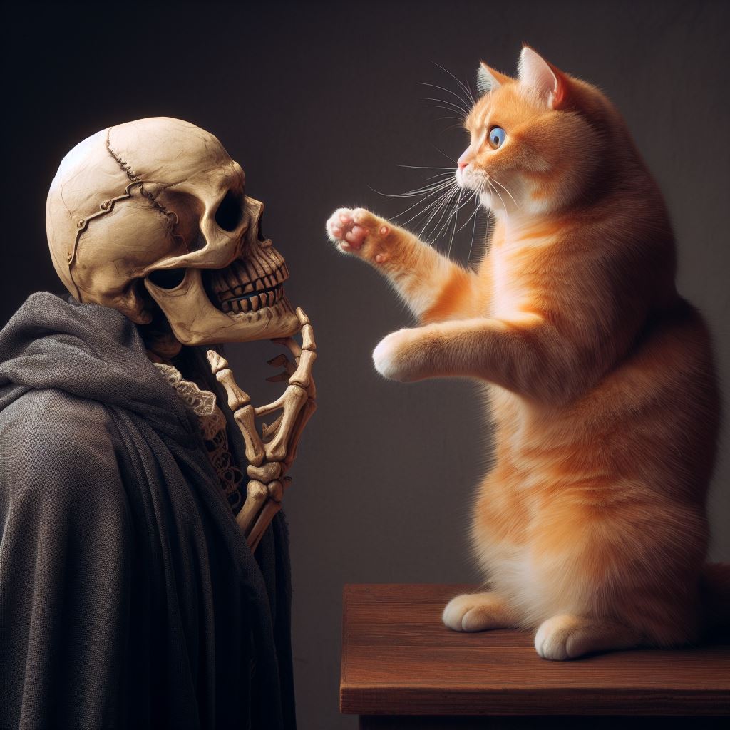 Badass skeleton examining house cat Blank Meme Template