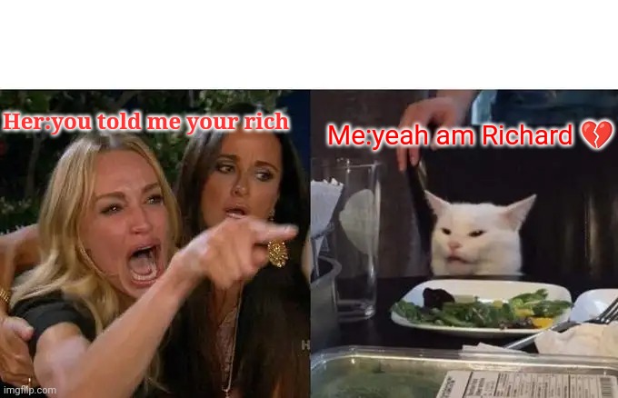 Woman Yelling At Cat Meme | Her:you told me your rich; Me:yeah am Richard 💔 | image tagged in memes,woman yelling at cat | made w/ Imgflip meme maker