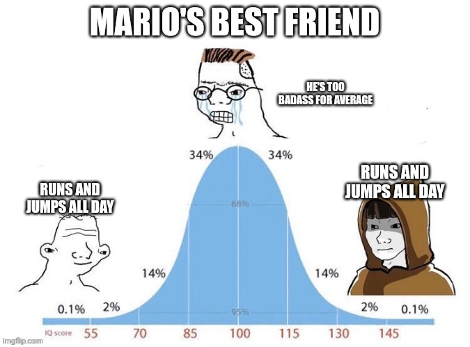 Bell Curve | MARIO'S BEST FRIEND; HE'S TOO BADASS FOR AVERAGE; RUNS AND JUMPS ALL DAY; RUNS AND JUMPS ALL DAY | image tagged in bell curve | made w/ Imgflip meme maker