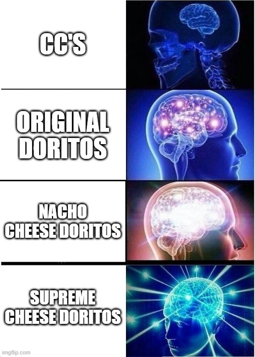 Doritos | CC'S; ORIGINAL DORITOS; NACHO CHEESE DORITOS; SUPREME CHEESE DORITOS | image tagged in memes,expanding brain | made w/ Imgflip meme maker
