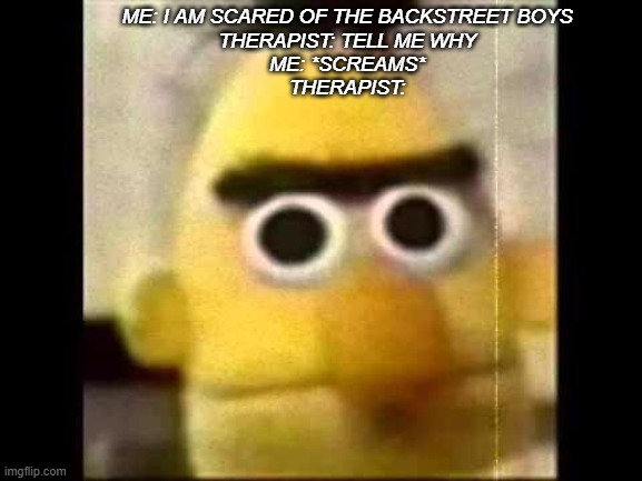 me being scared of band. | ME: I AM SCARED OF THE BACKSTREET BOYS

THERAPIST: TELL ME WHY

ME: *SCREAMS*

THERAPIST: | image tagged in funny scared meme | made w/ Imgflip meme maker