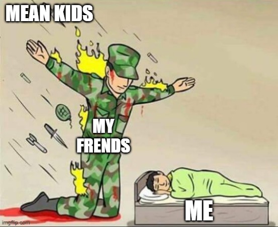 fr tho friendship is underappreciated ??? | MEAN KIDS; MY FRENDS; ME | image tagged in soldier protecting sleeping child | made w/ Imgflip meme maker