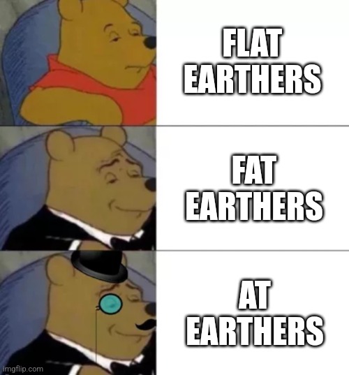 Huh... | FLAT EARTHERS; FAT EARTHERS; AT EARTHERS | image tagged in fancy pooh | made w/ Imgflip meme maker