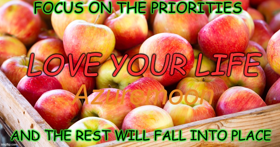 Abundance is the Key to Success | FOCUS ON THE PRIORITIES; LOVE YOUR LIFE; Azuremoon; AND THE REST WILL FALL INTO PLACE | image tagged in god,jesus christ,true love,heart,apples,real life | made w/ Imgflip meme maker