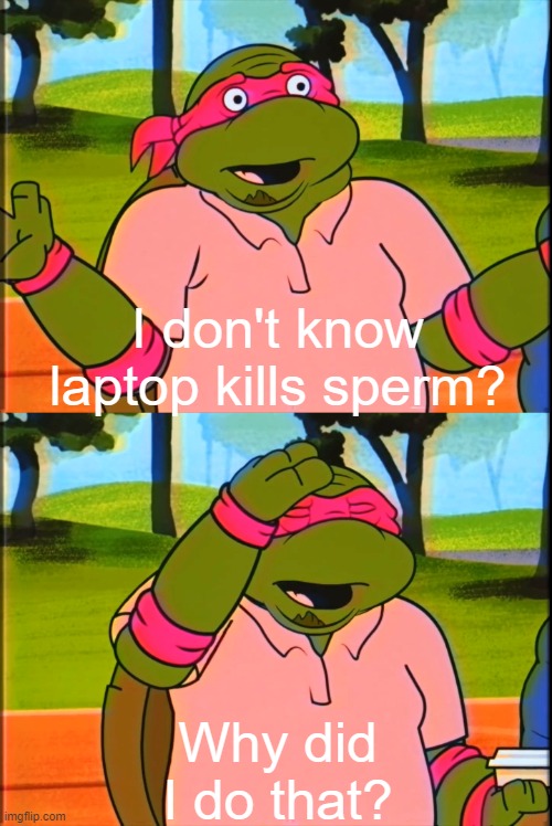 laptop kills sperm!!! | I don't know laptop kills sperm? Why did I do that? | image tagged in the raphael golf betting memes,laptop,sperm,memes | made w/ Imgflip meme maker