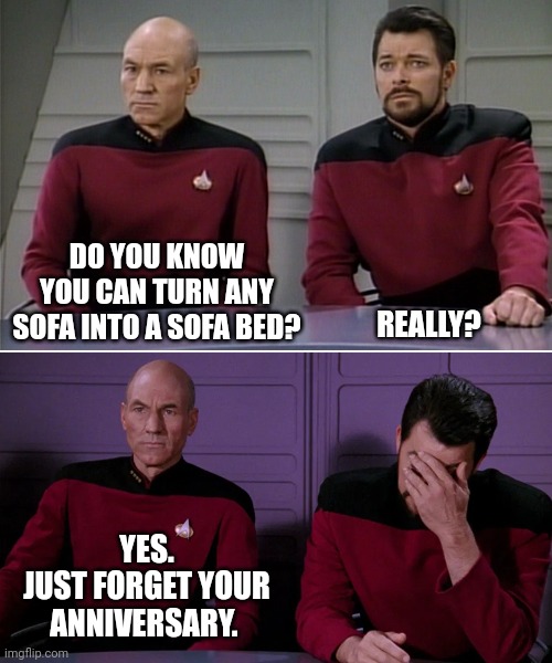 Picard Riker listening to a pun | REALLY? DO YOU KNOW YOU CAN TURN ANY SOFA INTO A SOFA BED? YES.
JUST FORGET YOUR ANNIVERSARY. | image tagged in picard riker listening to a pun | made w/ Imgflip meme maker