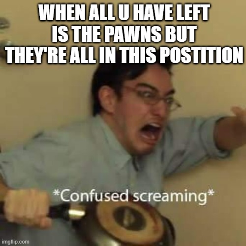 WHEN ALL U HAVE LEFT IS THE PAWNS BUT THEY'RE ALL IN THIS POSTITION | image tagged in filthy frank confused scream | made w/ Imgflip meme maker
